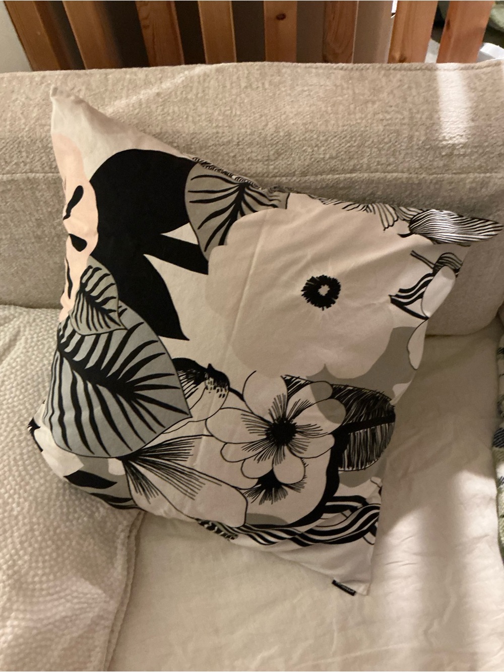 Marimekko White, Black & Gray Floral Cotton Pillow cover